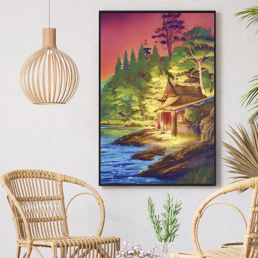 ウォーターカラフルカラーシーサイドコテージハウスグリーナリー ポスター