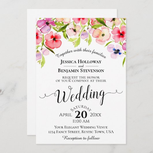 ウォーターカラフルカラーワイルドフラワー春の結婚式 招待状 (正面/裏面)