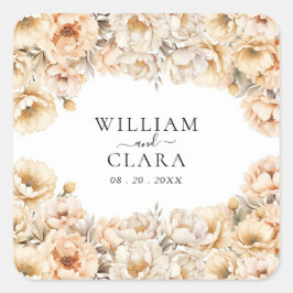 ウォーターカラモダンーピーニーパステルフローラ結婚ズ スクエアシール