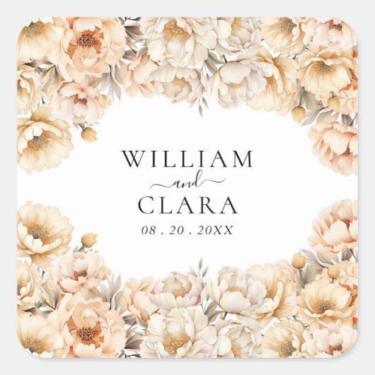 ウォーターカラモダンーピーニーパステルフローラ結婚ズ スクエアシール (正面)