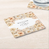 ウォーターカラモダンーピーニーパステルフローラ結婚ズ スクエアペーパーコースター (アングル)