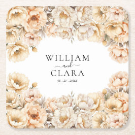ウォーターカラモダンーピーニーパステルフローラ結婚ズ スクエアペーパーコースター