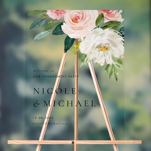 ウォーターカラーかわいらしガーデンフラワーズ婚約パーティ アクリルサイン (ニュートラル)