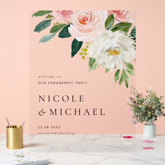 ウォーターカラーかわいらしガーデンフラワーズ婚約パーティ アクリルサイン (ウェディング)