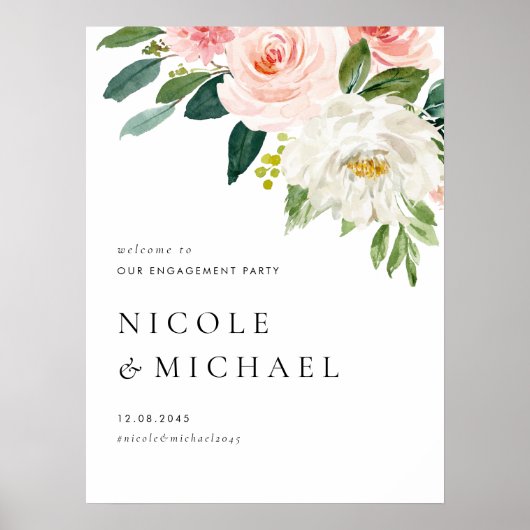 ウォーターカラーかわいらしガーデンフラワーズ婚約パーティ ポスター (正面)