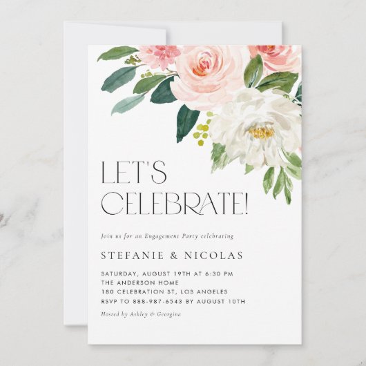 ウォーターカラーかわいらしガーデンフラワーズ婚約パーティ 招待状 (正面)