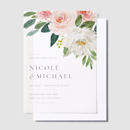 ウォーターカラーかわいらしガーデンフラワーズ春の結婚式 ベラム紙招待状 (オフセット)