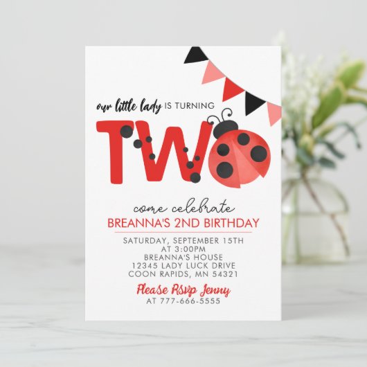 ウォーターカラーてんとう虫の2歳の誕生日招待状 招待状 (スタンド正面)