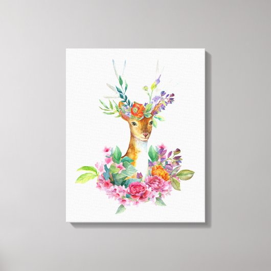 ウォーターカラーで描いた花と子鹿のベビー・ナースリー キャンバスプリント (正面)