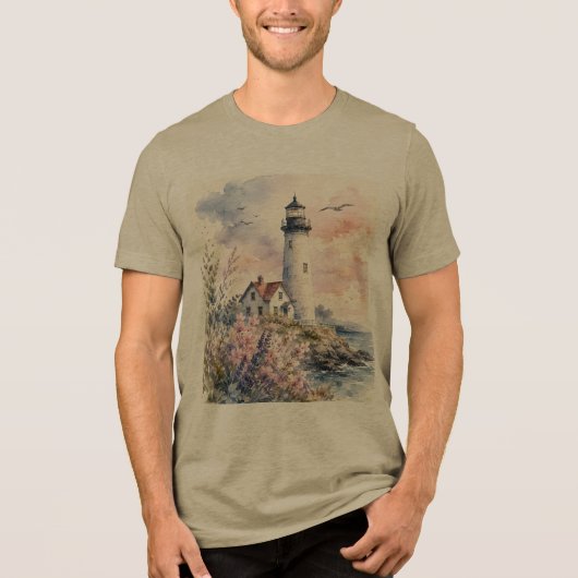 ウォーターカラーで描かれた灯台 トライブレンドTシャツ (正面)