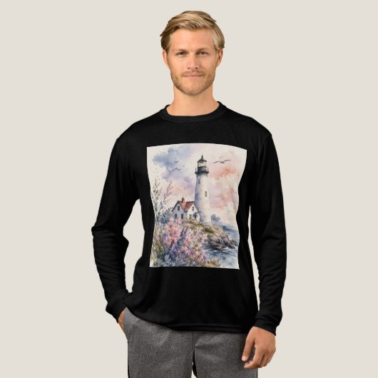 ウォーターカラーで描かれた灯台 トライブレンドTシャツ (正面全体)