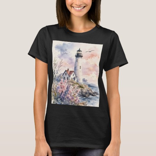 ウォーターカラーで描かれた灯台 Tシャツ (正面)