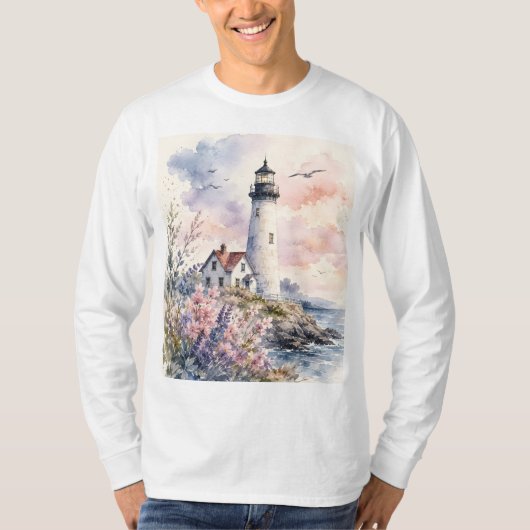 ウォーターカラーで描かれた灯台 Tシャツ (正面)