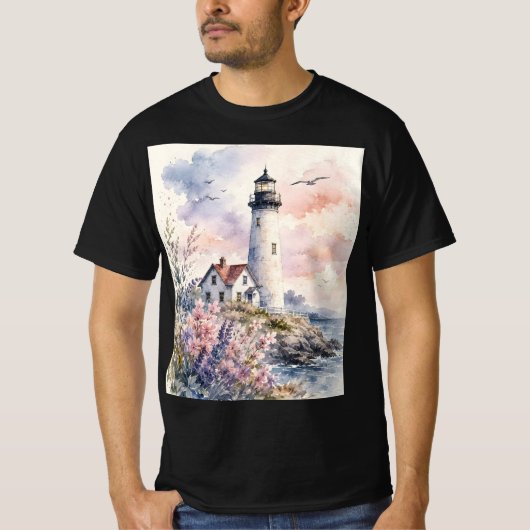 ウォーターカラーで描かれた灯台 Tシャツ (正面)
