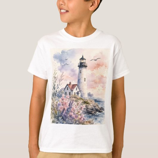 ウォーターカラーで描かれた灯台 Tシャツ (正面)