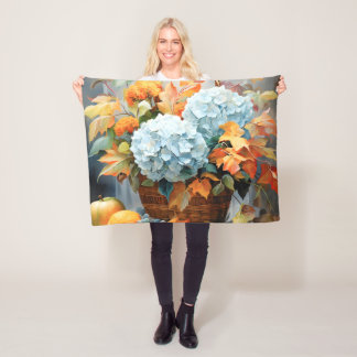 ウォーターカラーで描かれた落ち着いた雰囲気の秋の花バスケット フリースブランケット
