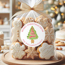 ウォーターカラーな装飾のプレッピーなクリスマスツリー住所表記 ラウンドシール