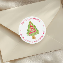 ウォーターカラーな装飾のプレッピーなクリスマスツリー住所 ラウンドシール