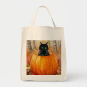 ウォーターカラーのかぼちゃの森の黒猫 ハロウィンの館 トートバッグ (正面)