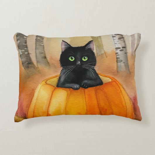 ウォーターカラーのかぼちゃの森の黒猫 ハロウィン アクセントクッション (正面)
