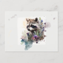 ウォーターカラーのかわいいアライグマの春の花 ポストカード
