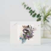 ウォーターカラーのかわいいアライグマの春の花 ポストカード (スタンド正面)