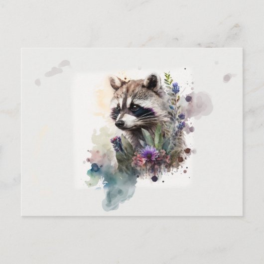ウォーターカラーのかわいいアライグマの春の花 ポストカード (正面)