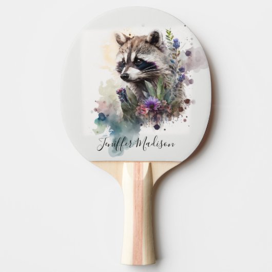 ウォーターカラーのかわいいアライグマの春の花 卓球ラケット (正面)