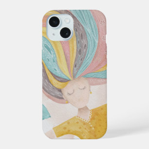 ウォーターカラーのかわいいキャラクターの女の子。ピンクの妖精のファンタジー iPhone 15ケース