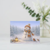 ウォーターカラーのかわいい冬の雪だるまと小鳥 シーズンポストカード (スタンド正面)