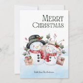 ウォーターカラーのかわいい雪だるまカップル メリークリスマス シーズンカード (正面)