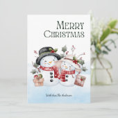 ウォーターカラーのかわいい雪だるまカップル メリークリスマス シーズンカード (スタンド正面)