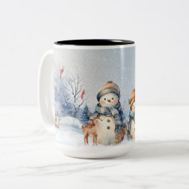 ウォーターカラーのかわいい雪だるま ツートーンマグカップ