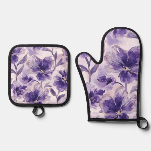 ウォーターカラーのすみれの花の絵 鍋つかみ&鍋敷きセット (正面)