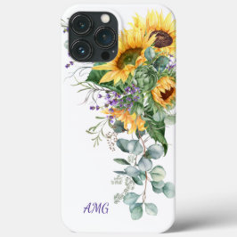 ウォーターカラーのひまわり ユーカリ ラベンダー フラワー C iPhone 13 PRO MAXケース
