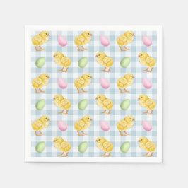ウォーターカラーのひよこ+卵のブルーギンガムチェック模様 スタンダードカクテルナプキン