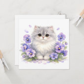 ウォーターカラーのふわふわ子猫とスミレの花 カード (正面/裏面インサイチュ)