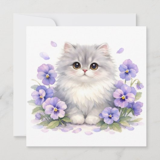ウォーターカラーのふわふわ子猫とスミレの花 カード (正面)