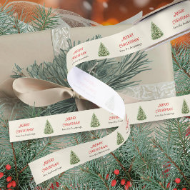 ウォーターカラーのもこもこグリーンのクリスマスツリー ホリデー サテンリボン