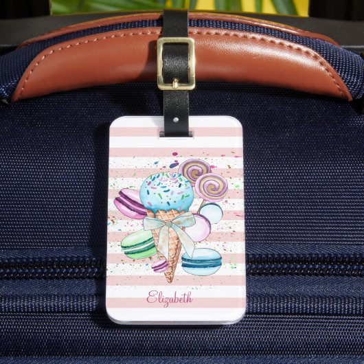 ウォーターカラーのアイスクリーム、マカロン、ピンクのストライプ ラゲッジタグ (正面インサイチュ2)