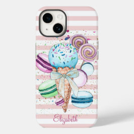 ウォーターカラーのアイスクリーム、マカロン、ピンクのストライプ Case-Mate iPhone 14ケース
