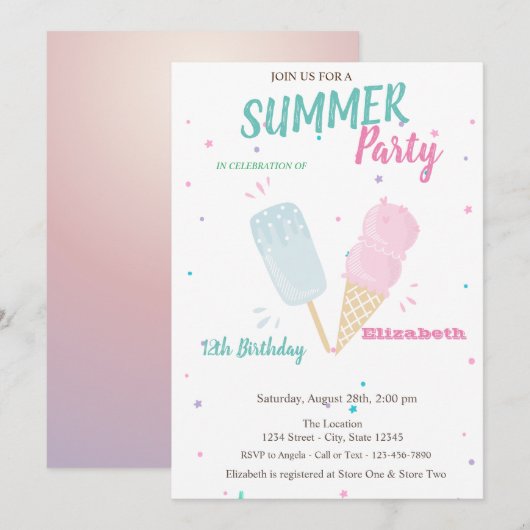 ウォーターカラーのアイスクリーム 夏の誕生日会  招待状 (正面/裏面)