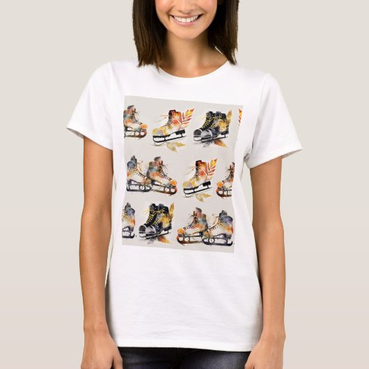 ウォーターカラーのアイススケートとオータムリーブスパターン Tシャツ (正面)