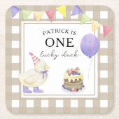 ウォーターカラーのアヒル 1歳の誕生日 スクエアペーパーコースター (正面)
