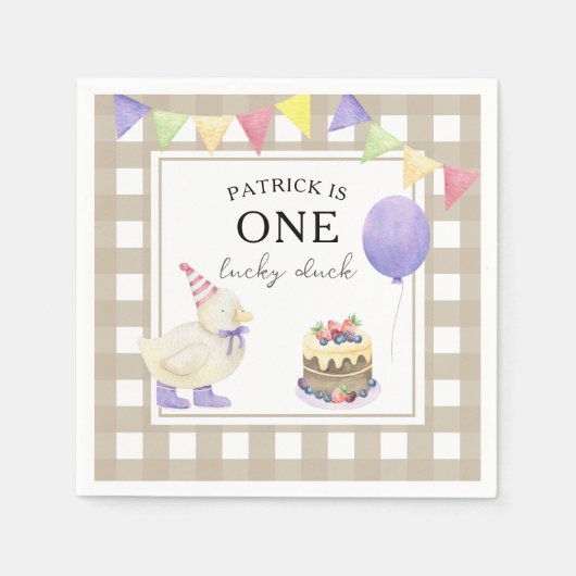 ウォーターカラーのアヒル 1歳の誕生日 スタンダードカクテルナプキン (正面)