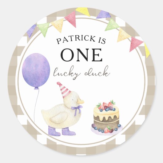 ウォーターカラーのアヒル 1歳の誕生日 ラウンドシール (正面)