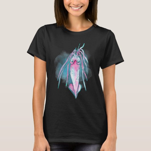 ウォーターカラーのイカ 深海生物とリフトの存在 Tシャツ (正面)