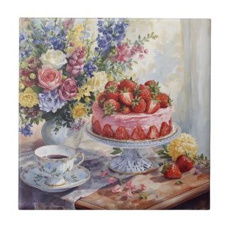 ウォーターカラーのイチゴのケーキと花の静物画  タイル