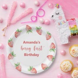 ウォーターカラーのイチゴの1歳の誕生日パーティー ペーパープレート