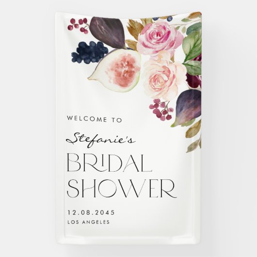ウォーターカラーのイチジクとバラの花のブライダルシャワー 横断幕 (縦)